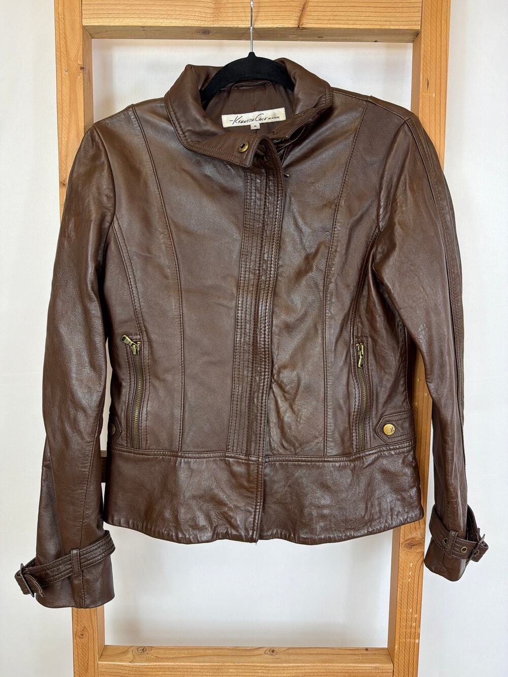 Kenneth Cole Brown Leather Moto Jacket Hidden Placket Full Zip Medium
